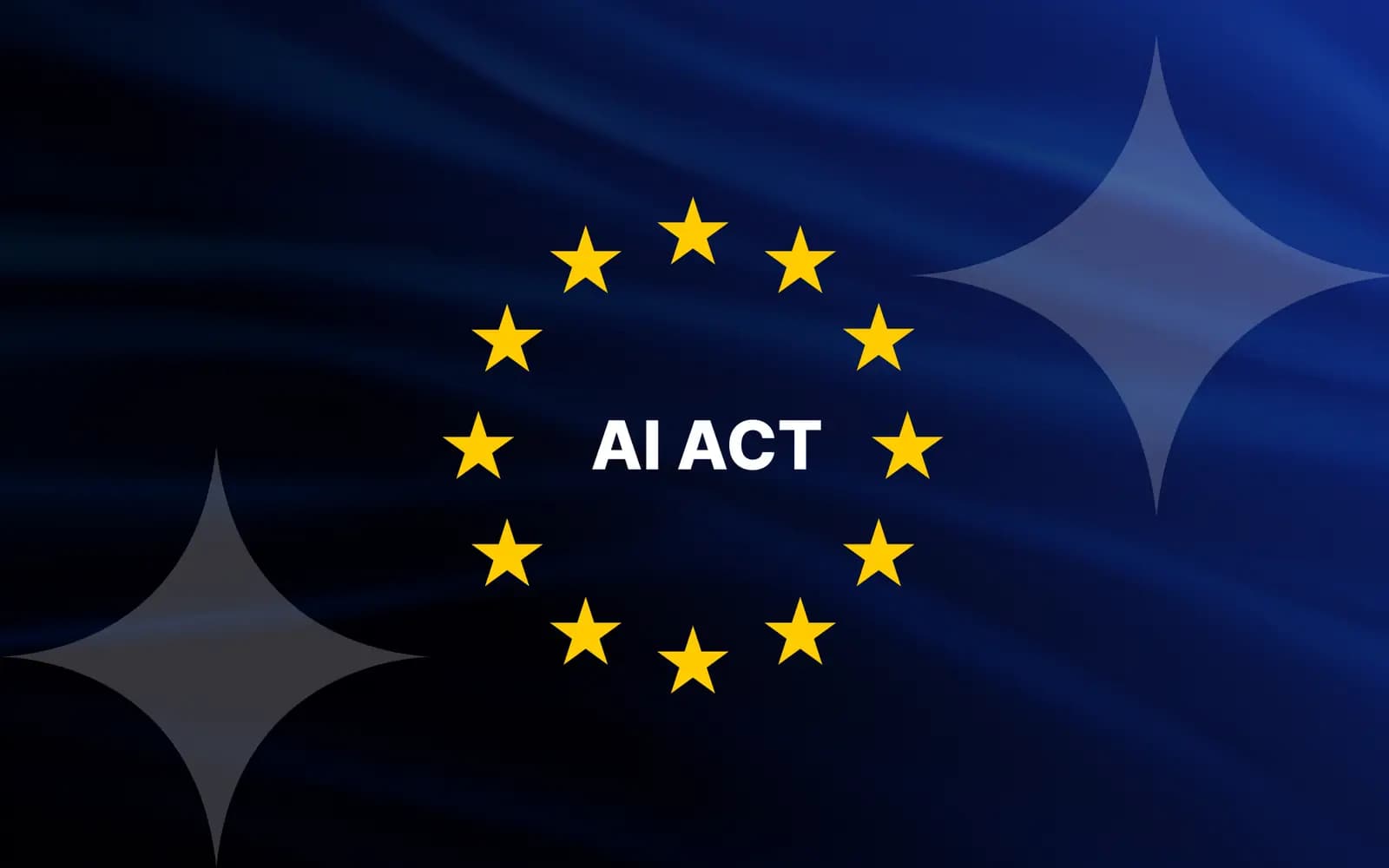 AI Act - o círculo de estrelas da UE com as palavras AI ACT sobre um fundo de bandeira azul-escuro