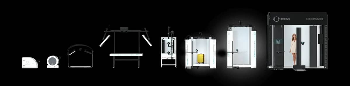 Linha de estúdios automatizados de fotografia de produtos Orbitvu, de mesas giratórias compactas ao Fashion Studio completo