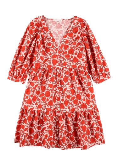 Vestido floral vermelho como exemplo de fotografia flat lay