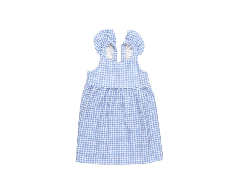 Vestido infantil azul xadrez vichy com babados nas mangas