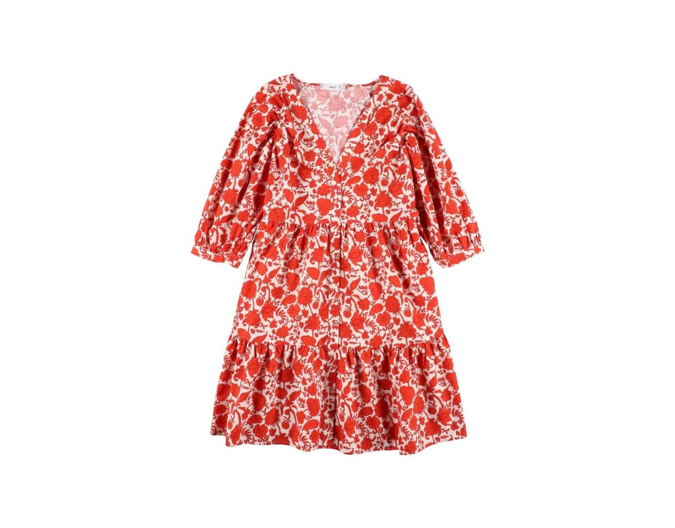 Vestido feminino floral vermelho e branco com camadas