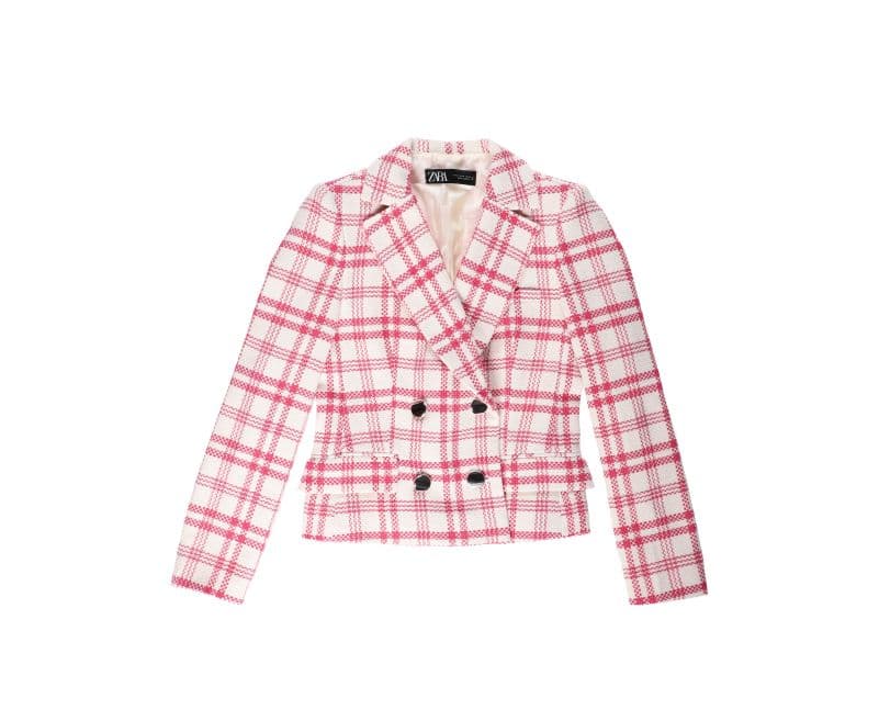 Blazer feminino xadrez rosa e branco de abotoamento duplo