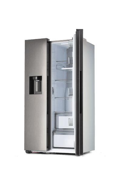 Refrigerador de aço inoxidável com porta aberta