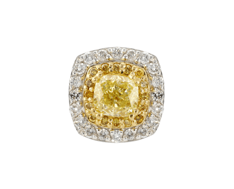 Anel halo com diamante amarelo fancy lapidação almofada vista superior