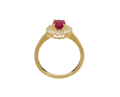 Anel halo em ouro amarelo com rubi e diamante, oval
