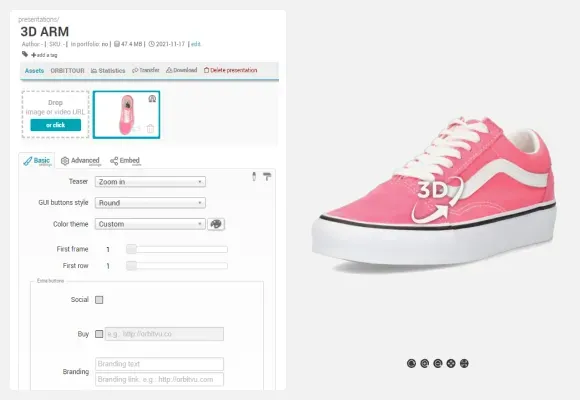 Prévia da interface do software de spin 3D para e-commerce