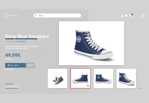 UI da página de produto de tênis azul-marinho
