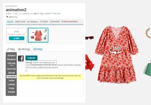 Configurações de apresentação da visualização 360° do produto