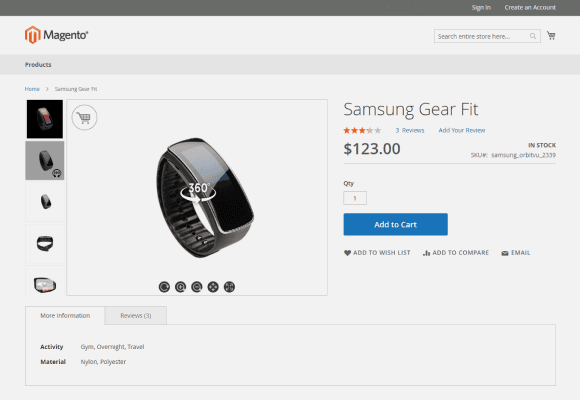 Página de produto do Samsung Gear Fit com visualização 360 no Magento