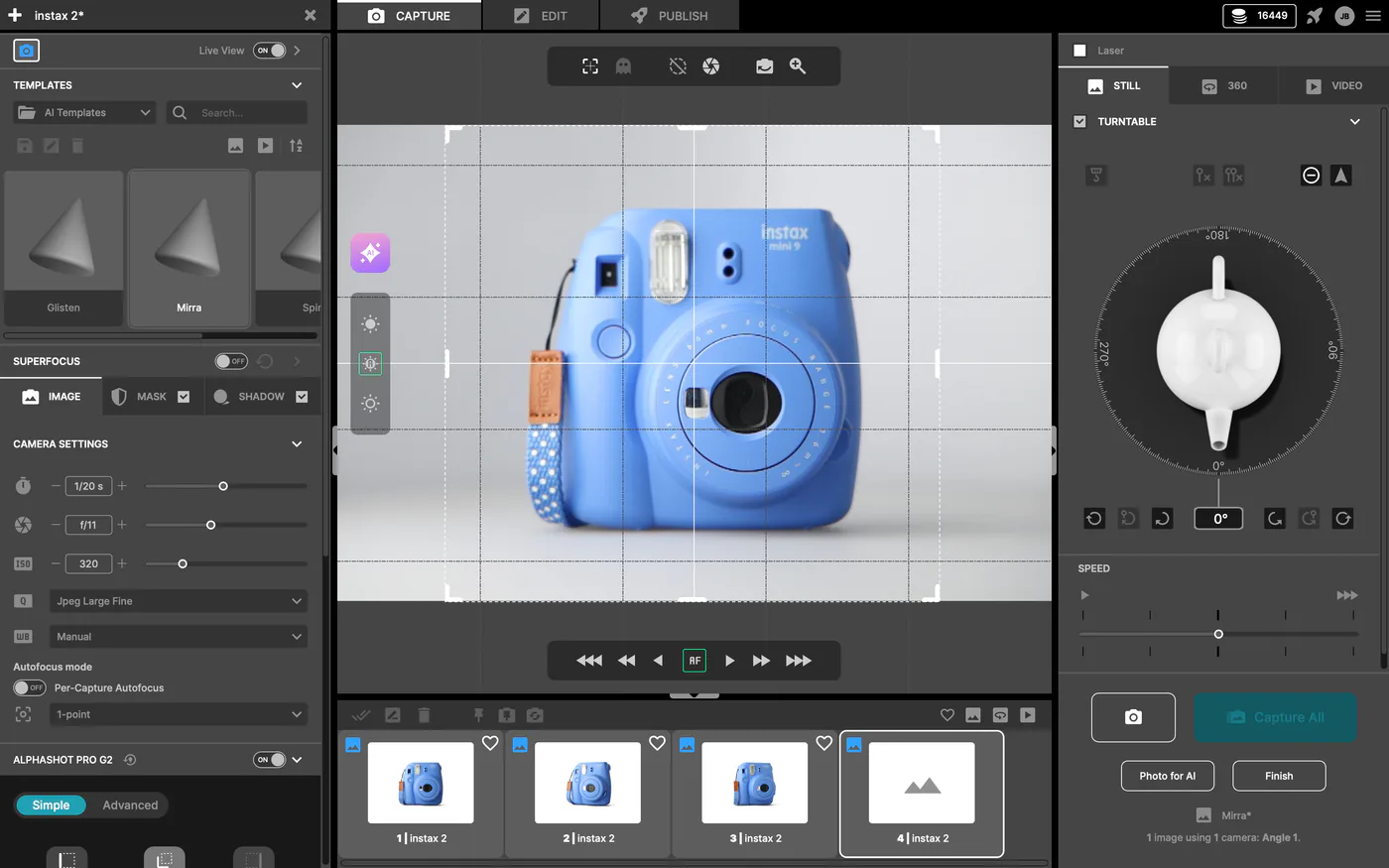 Interface do software de fotografia de produtos Orbitvu Station