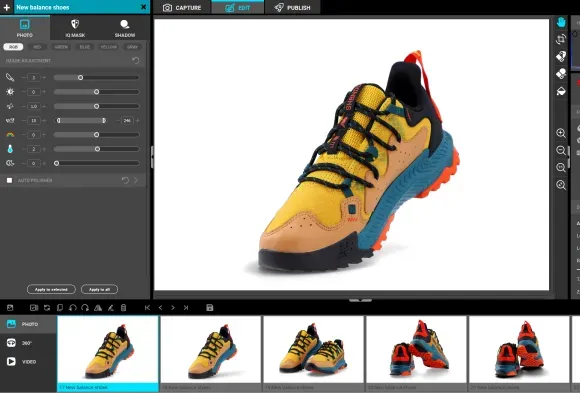 Interface de edição de imagem para Yellow New Balance Trail Shoes