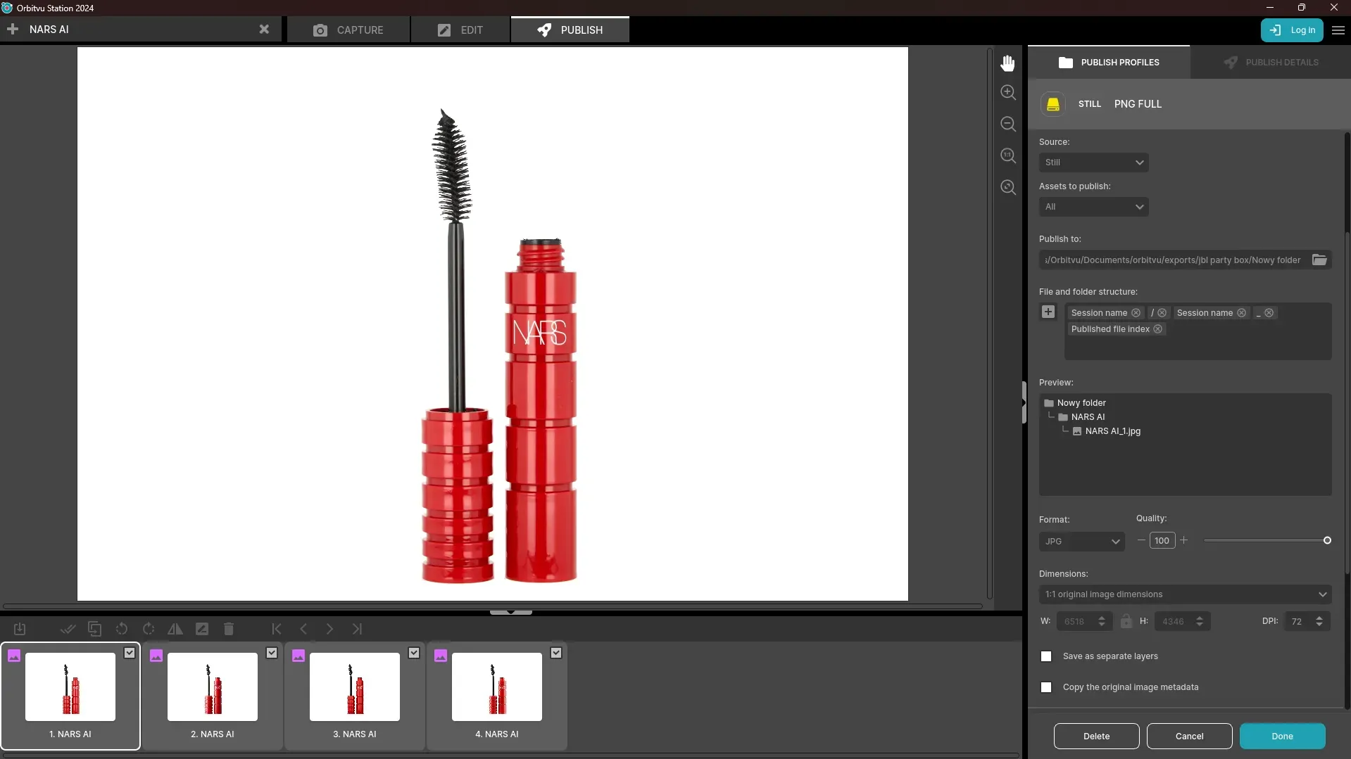 Configurações de exportação de foto da máscara NARS em software de fotografia de produtos