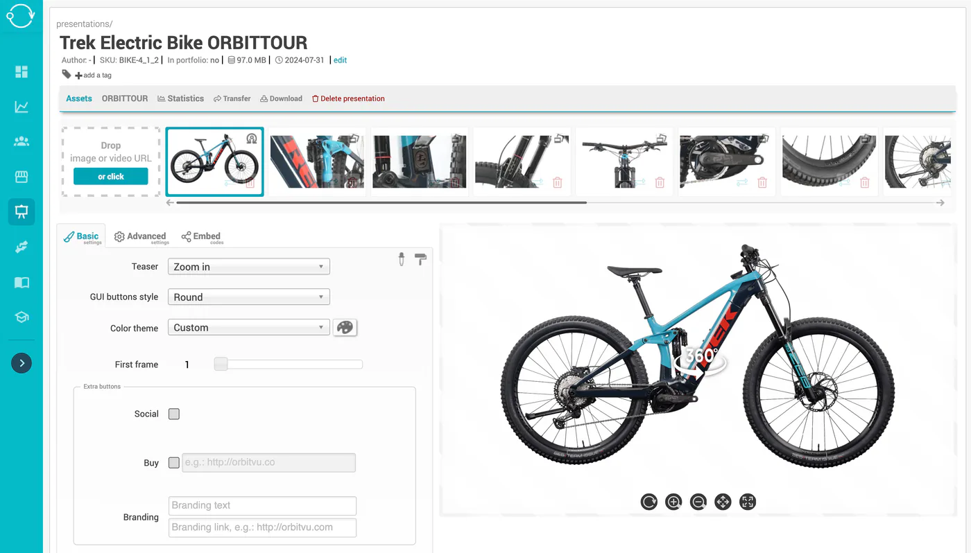 Editor de tours de produto do Orbitvu Cloud com um giro 360° de uma bicicleta