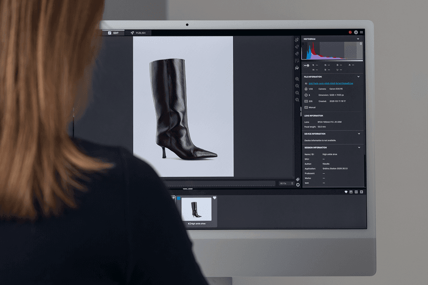 Orbitvu Station visualização Edit - software de edição de fotografia de produtos com histograma, metadados e informações da sessão