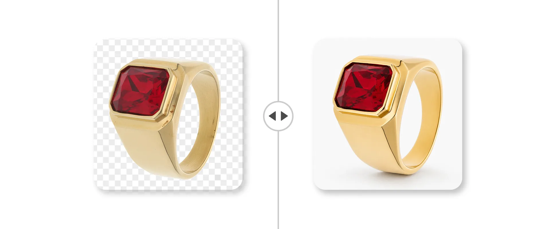 Antes e depois do AI Retoucher: um anel de sinete dourado com uma gema vermelha, tratado automaticamente