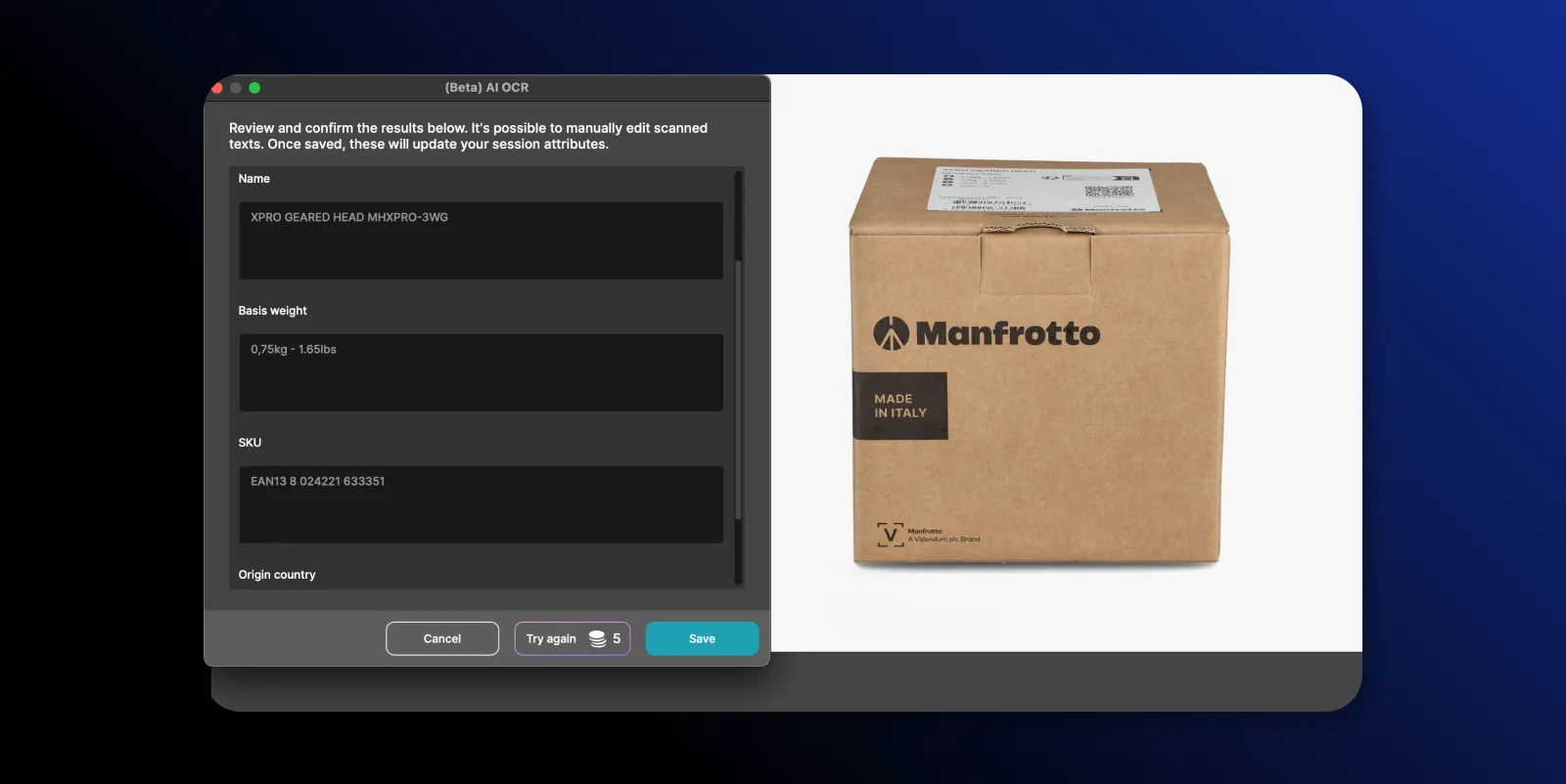 AI OCR extraindo nome do produto, peso, SKU e país de origem de uma embalagem de papelão no Orbitvu Station