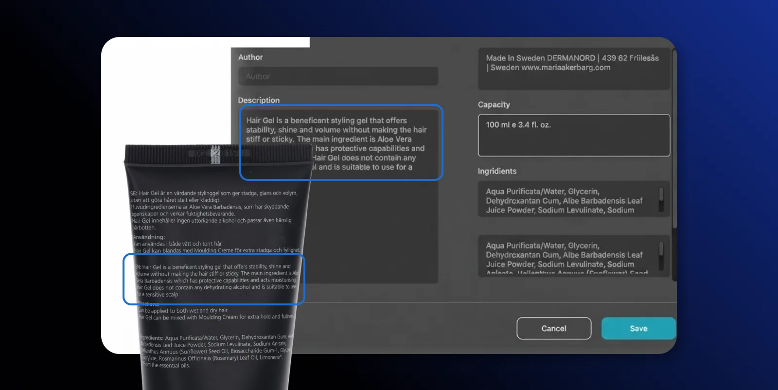 AI OCR extraindo a descrição do produto e a capacidade de uma etiqueta de produto no Orbitvu Station
