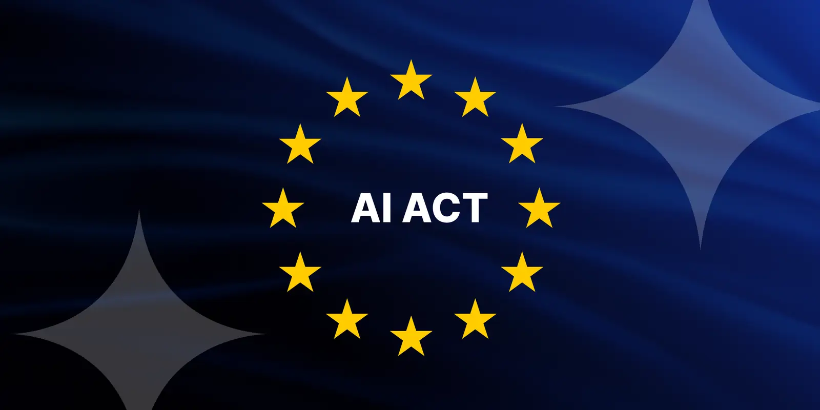 AI Act - o círculo de estrelas da UE com as palavras AI ACT sobre um fundo de bandeira azul-escuro
