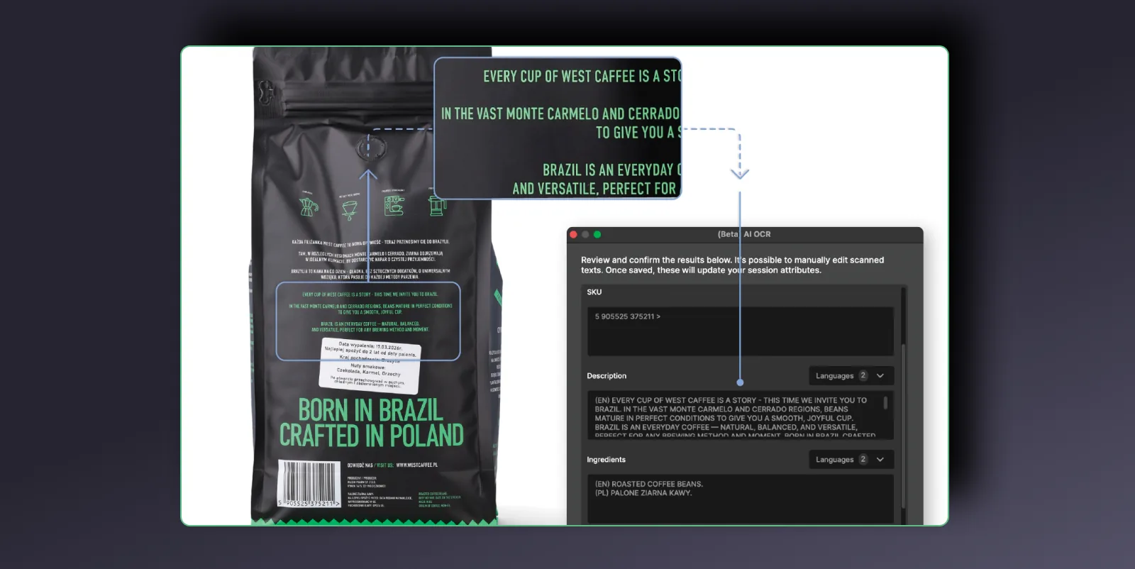 AI OCR no Orbitvu Station lendo o SKU, a descrição e os ingredientes da embalagem de um produto para os atributos da sessão